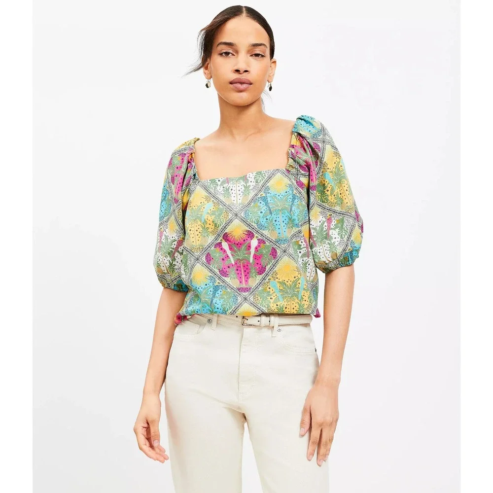 Loft Women's L Top Parrot Pineapple Print‎ Square Neck Sleeve Peasant Blouse